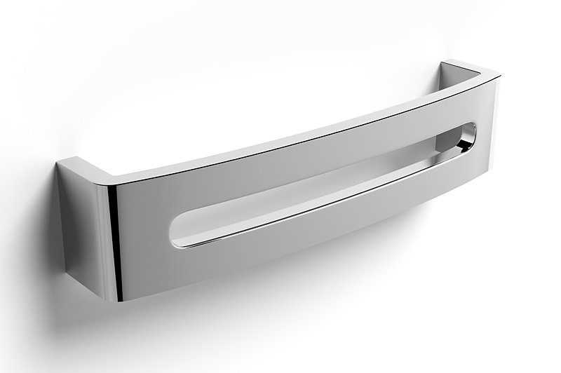 Chrome furniture handle 3D model shown in close-up with realistic reflections and smooth surface transitions, suitable for product visualization and advertising catalogs